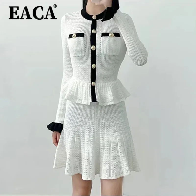 

EACA 2025 Summer Black White Contrast Flared Sleeve Ruffle Hem Cutout Knit Dress Lightweight Beach Party Wear Elegant Evening