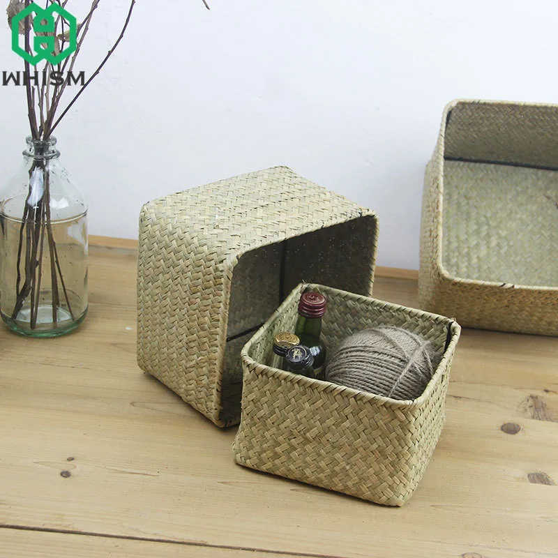 Woven Storage Basket Natural Straw Baskets Desktop Sundries Organizer Sqaure Shape Container for Office Home Decor