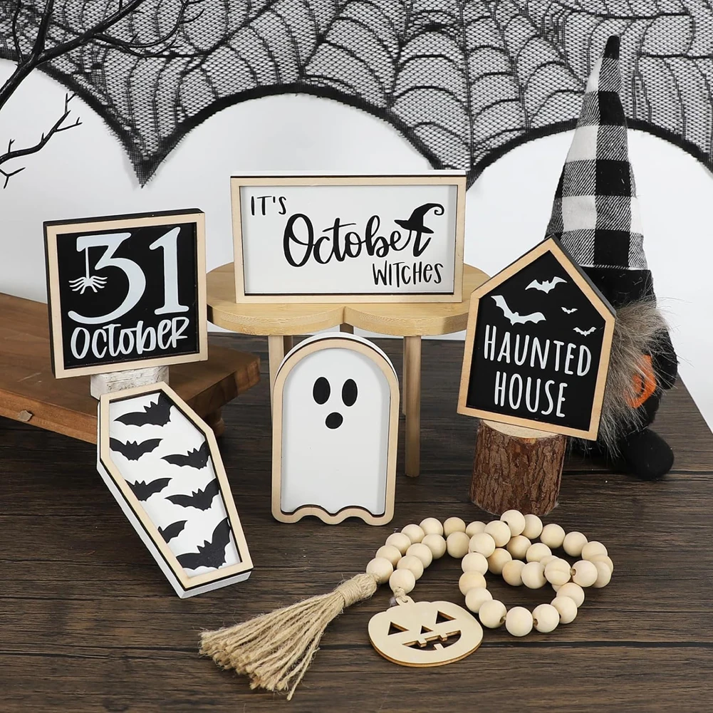 

6pcs Halloween Tiered Tray Decor Set Wooden Sign Ghost Bat Tiered Trays Tabletop Ornament Terrifying Theme Halloween Party Gifts