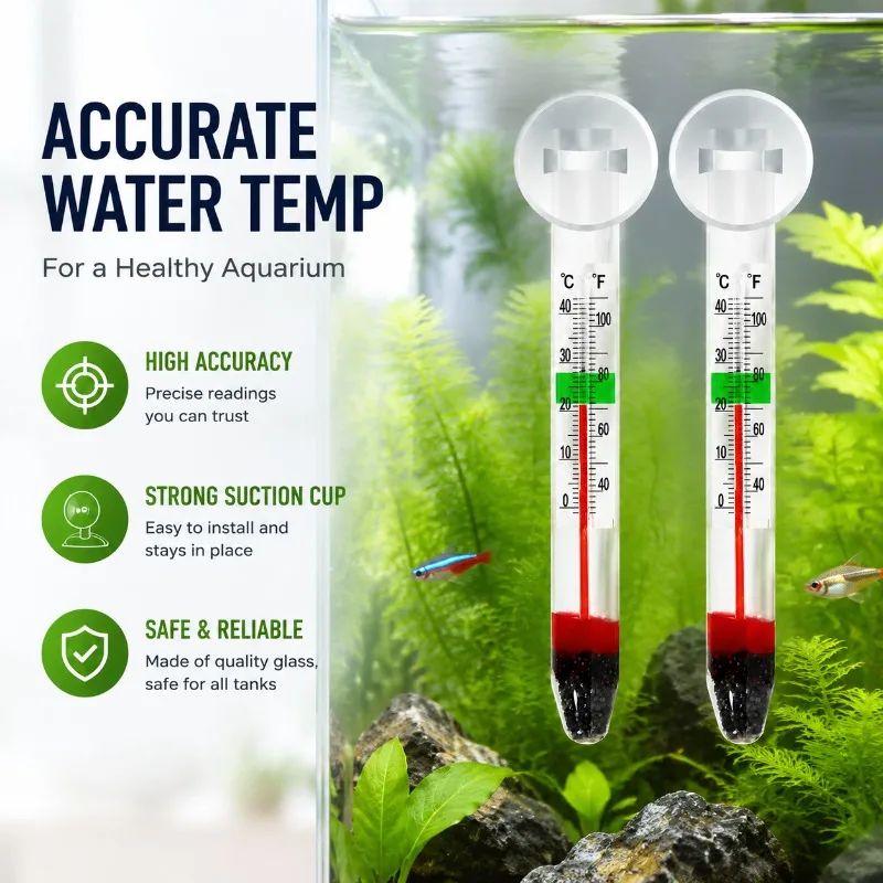 Aquarium Glass Thermometer with Suction Cup, High Accuracy Water Temperature Meter for Fish Tank, Turtle Tank, and Planted Tank