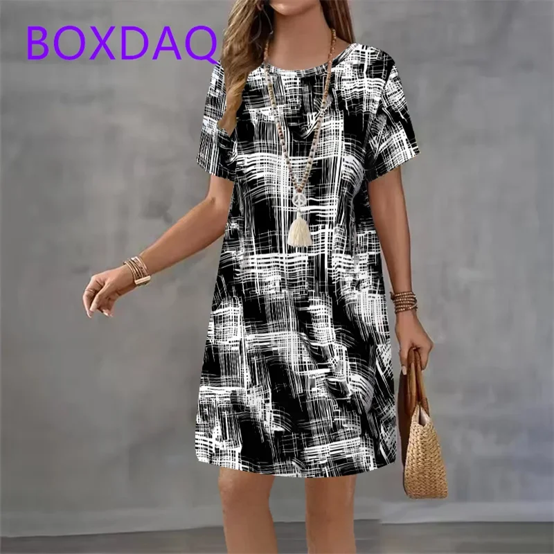 

Plus Size Vintage Black White Checkered Pattern Print Women Dress Summer Casual A-Line Dress Women Short Sleeve Loose Mini Dress
