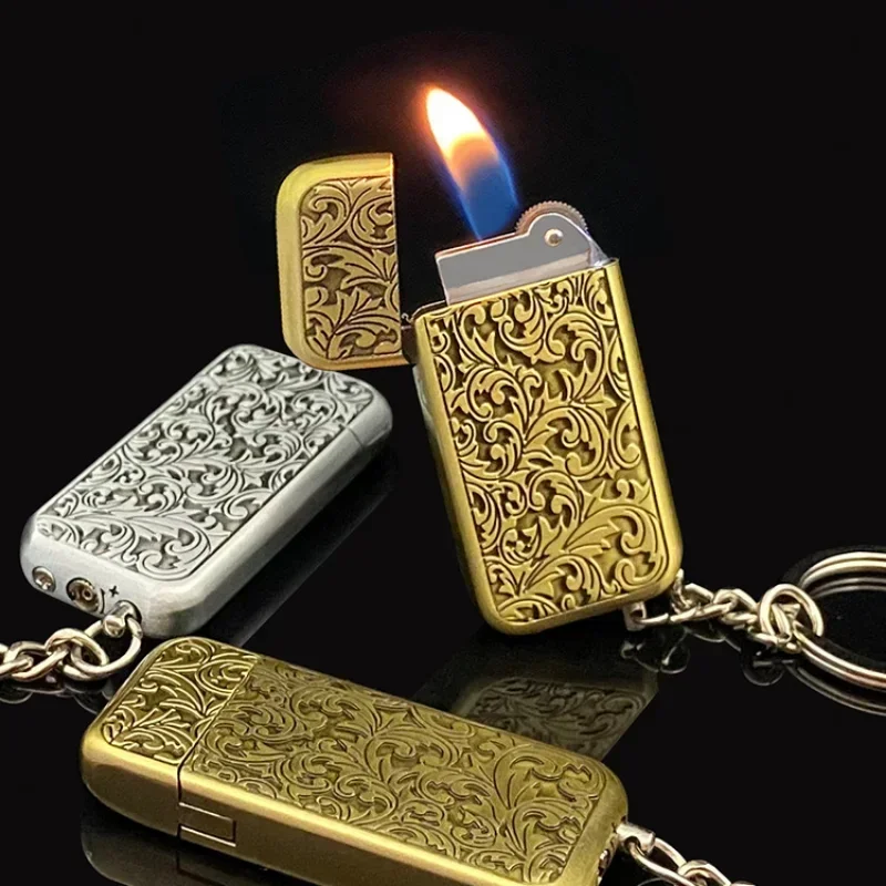 

Butane Lighter Nostalgic Portable Mini Retro Bronze Gas Lighter Metal Keychain Wheel Cigarette Accessories Men's Gift