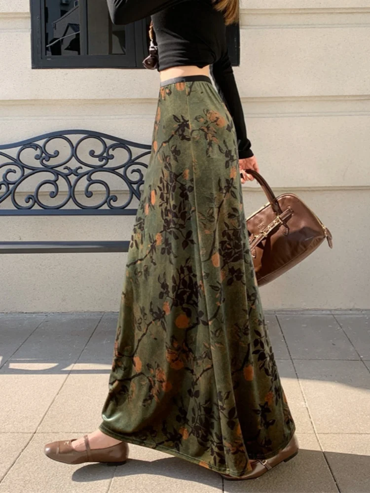 SMTHMA 2025 automne/hiver rétro nouvelle jupe imprimée en velours chinois pour les femmes jupe trapèze taille haute élastique