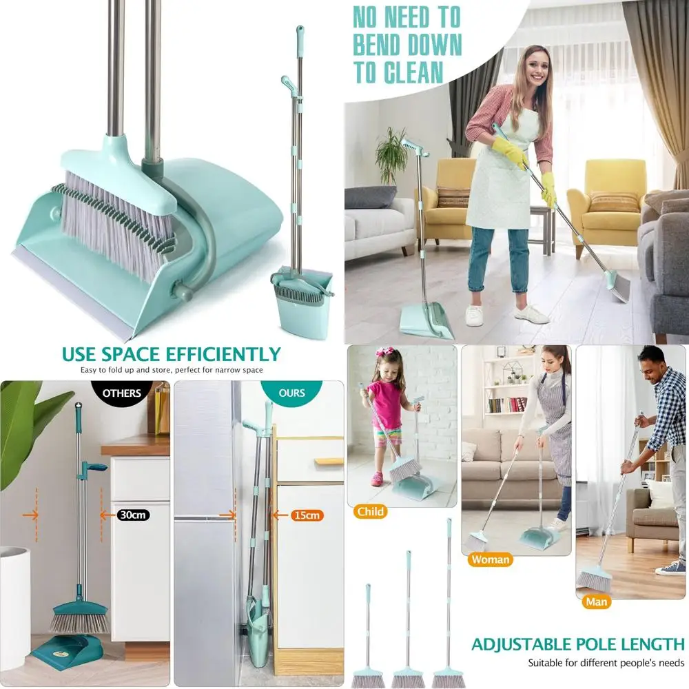 

Набор метлы и совок с чистящими зубьями, комбинированный подметальный комплект с длинной ручкой 55 дюймов для домашнего офиса, кухни, голубо-зеленый