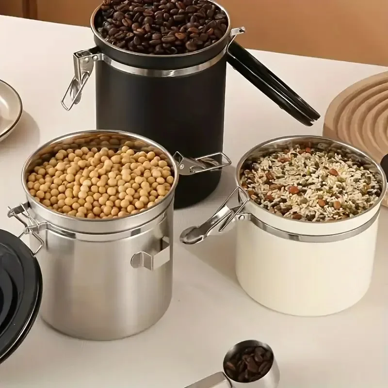 Contenedor de almacenamiento de alimentos para cocina, lata de granos de acero inoxidable, caja de almacenamiento sellada para granos de café, herramientas de cocina frescas