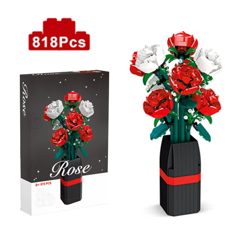 818PCS Flower Bouquet Building Block Red Rose White Rose Vase Bricks Toy Set Valentine's Day Christmas Gifts Creative Decoration