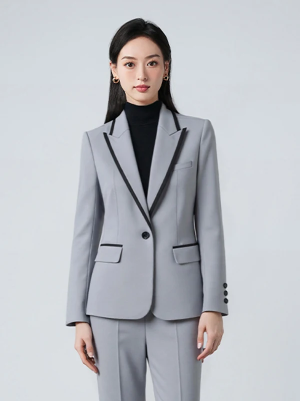 Gray Suit Set Women's Professional Commute Workwear Slimming One Button Suit Autumn Fashion Design Polyester Fiber Full 