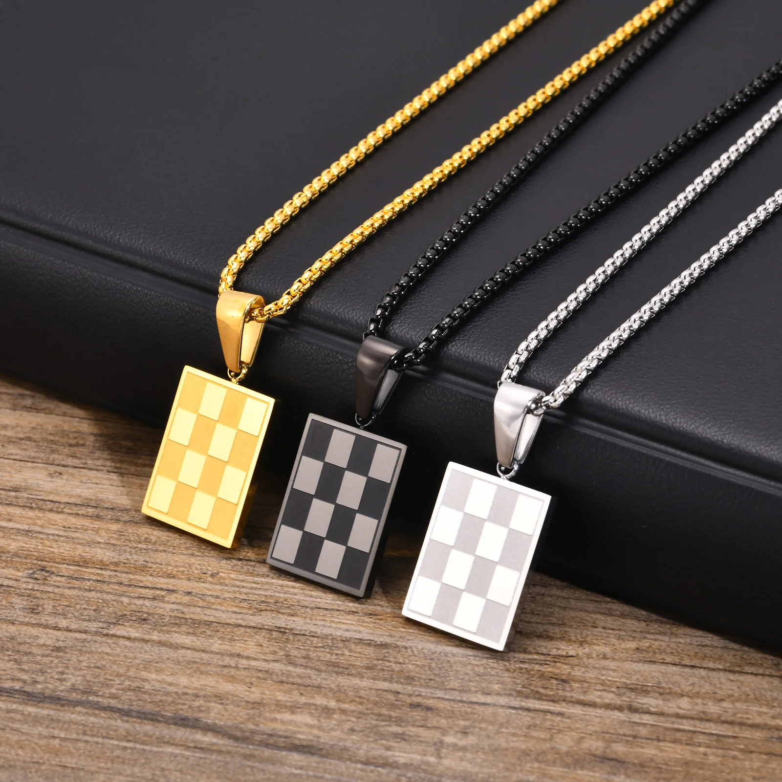 Mprainbow Men's Square Checkerboard Necklace,Waterproof Stainless Steel Checkered Geometric Pendant Collar Birthday Gift Jewelry