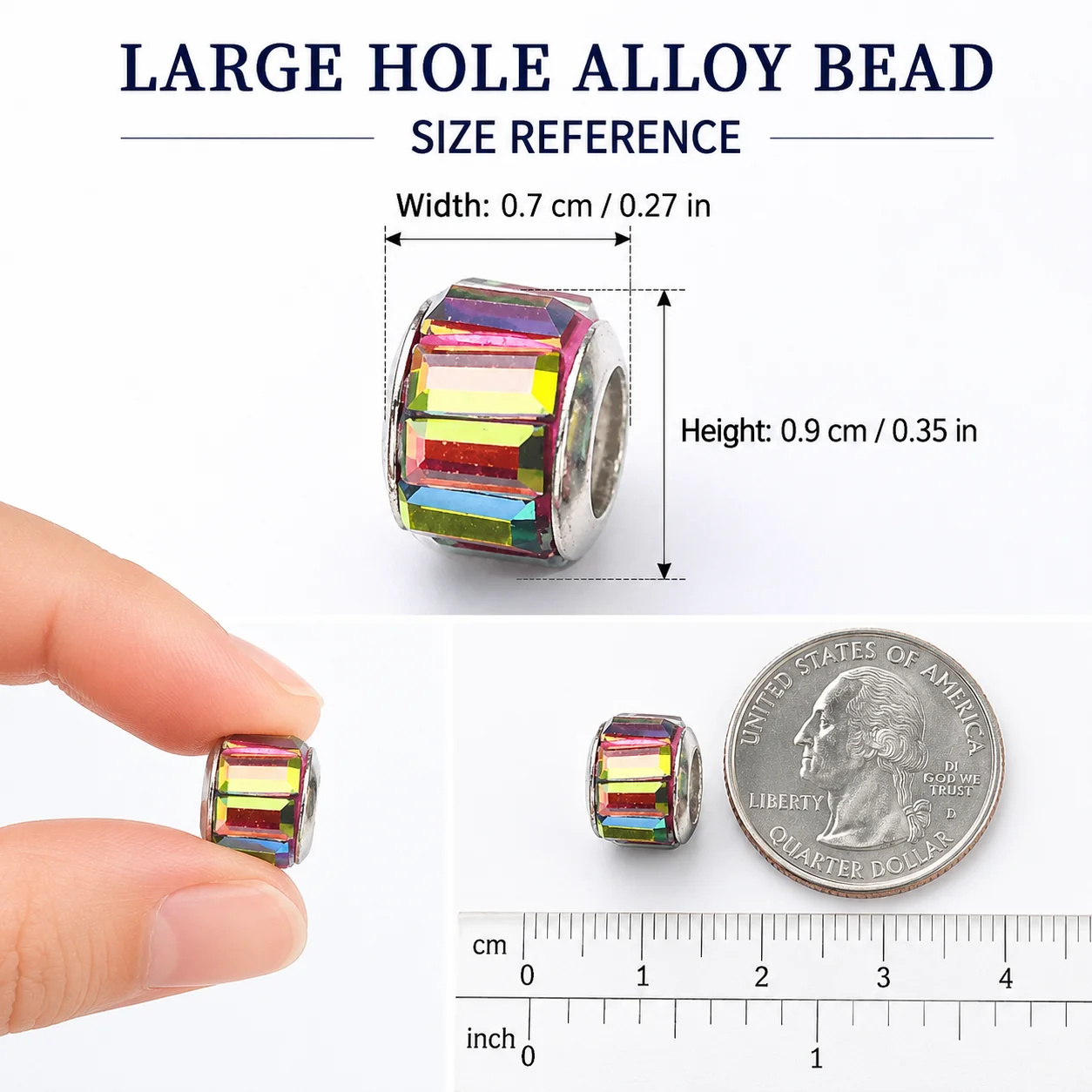 20 Stück 7x9mm Bunte Glasperlen mit Großem Loch, Legierungs-Kristall-Metallperlen für Schmuck, DIY-Armbänder, Halsketten – Detail 5