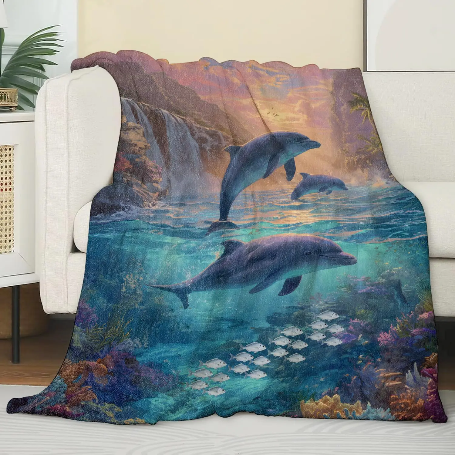 Dolphin Ocean Sunset Blanket,Gifts for Marine Lovers,Lightweight Flannel Throw Blankets,Tropical Waterfall and Coral Reef Throws