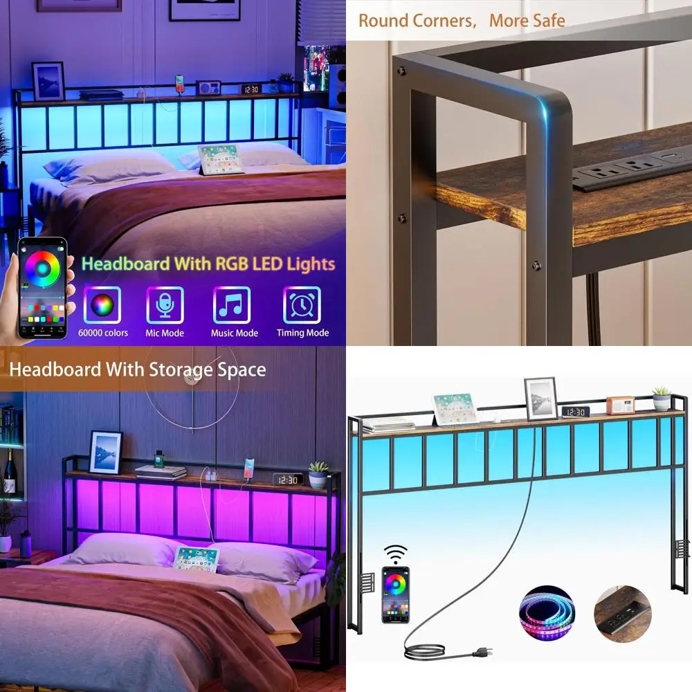 

Rustic Brown King Size Headboard with LED Lights, USB Ports, Storage Rack, Adjustable Height, Easy Assembly, Sturdy and Stable