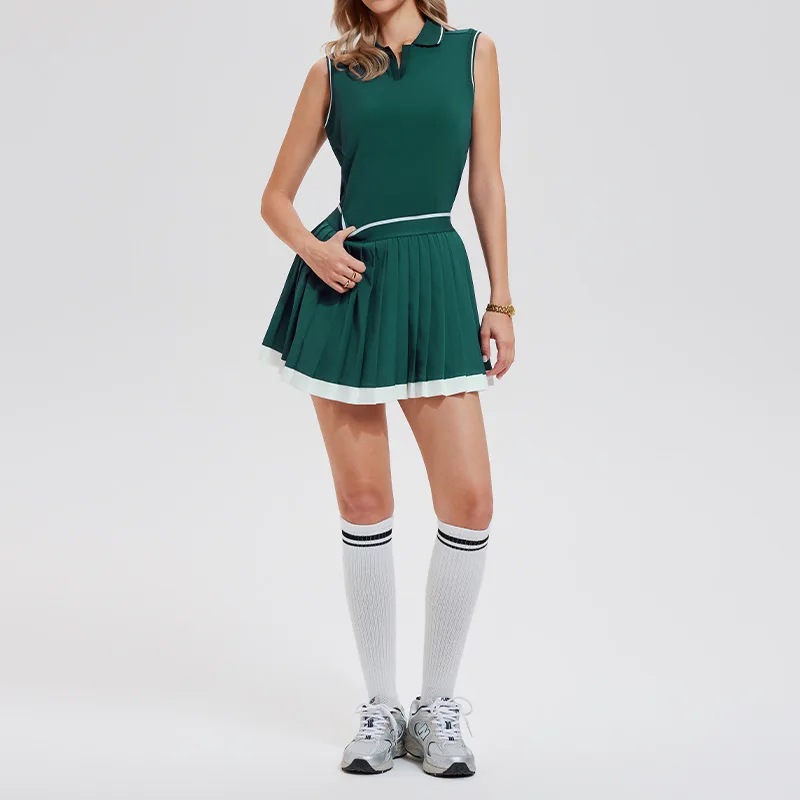 SharpStar Polo Neck Sleeveless Golf Shirt Set Quick Dry Tennis Skirt Set High Waist Pleated Pickleball Skort with Pockets