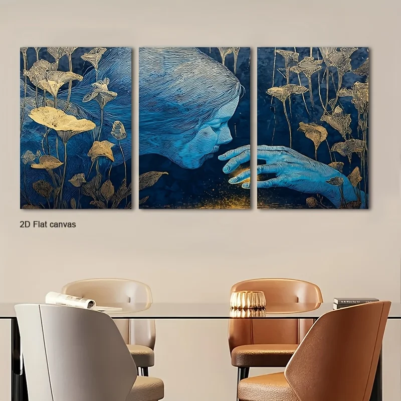 Frameless canvas [2D Flat] 3pcs Blue Figure & Gilded Floral Glo Canvas Wall Art Suitable for Room, Office, Home, Wall Art, Ba