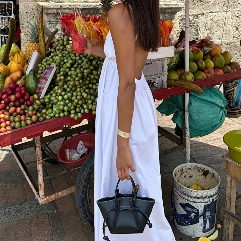 Rok Tanpa Punggung Wanita 2025 Warna Solid Musim Semi/Musim Panas Atasan Tanpa Lengan Warna Solid Rok Sederhana Tanpa Punggung Gaun Tali Tanpa Lengan