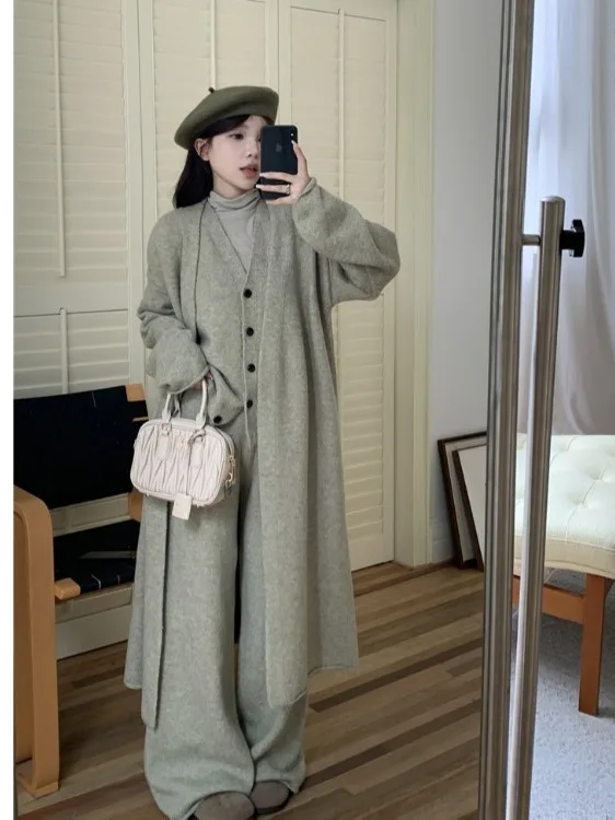 

plus Size Lazy Sle Simple Mid-Length Sweater Coat Women's Autumn Winter High Waist Loose Wide Leg Pants Faion Set Korean ...