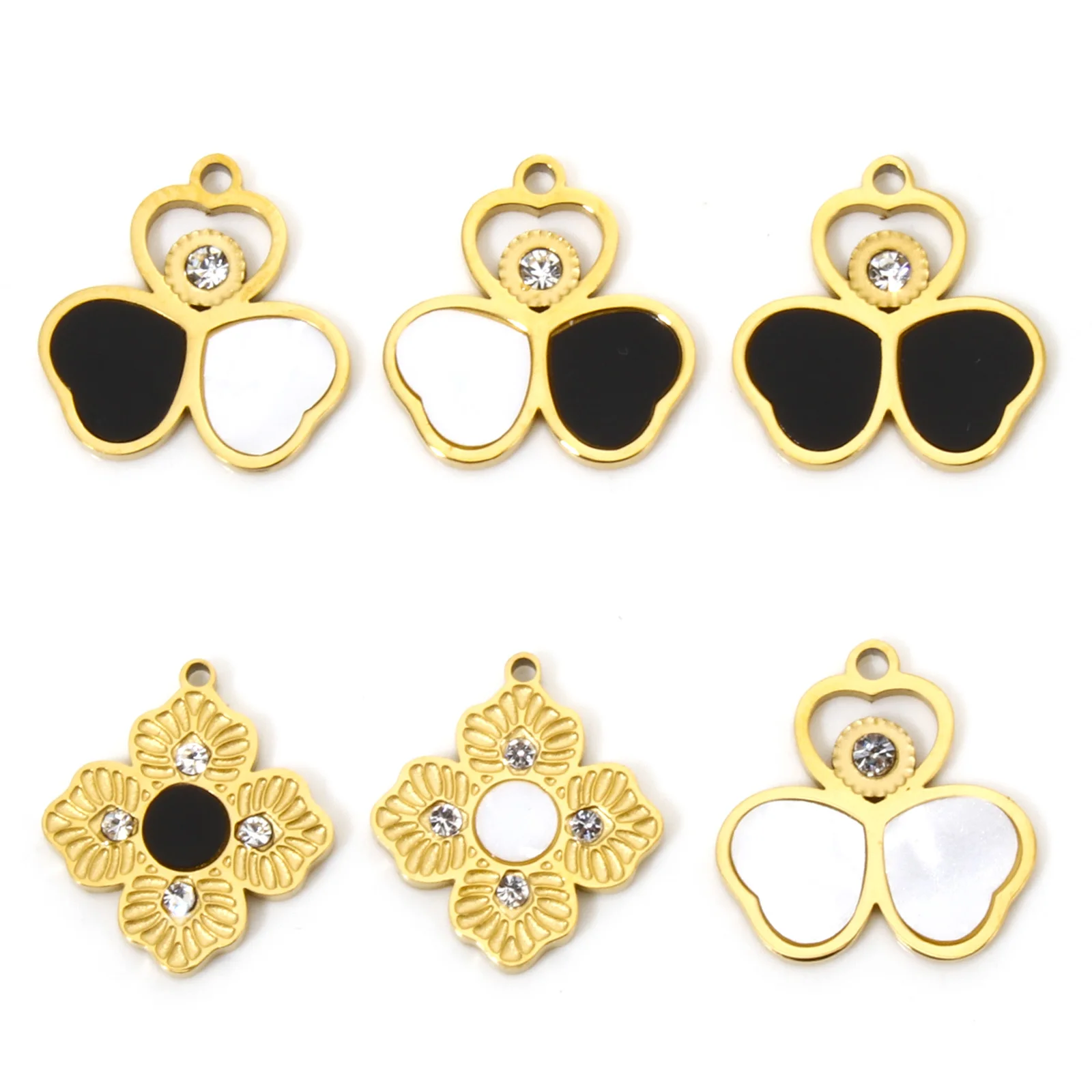 2pcs New Stainless Steel Charms Gold Color Flower Heart Black White Enamel Pendants DIY Earrings Necklace For Women Jewelry Gift