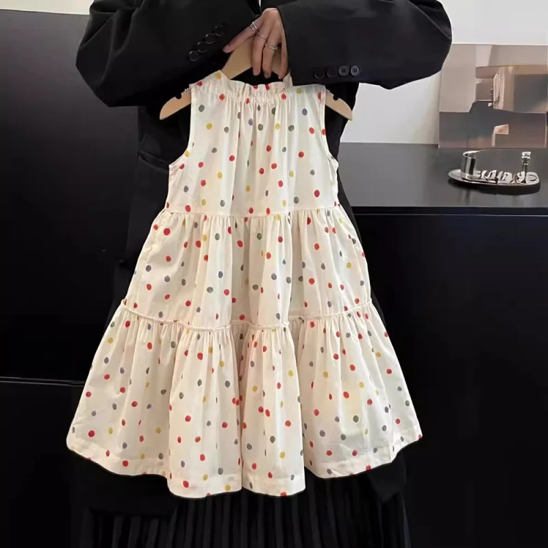 Korean-style fashion summer children's clothing26New stylish girls' polka dot large hem tank dress fashionable and comfortable d