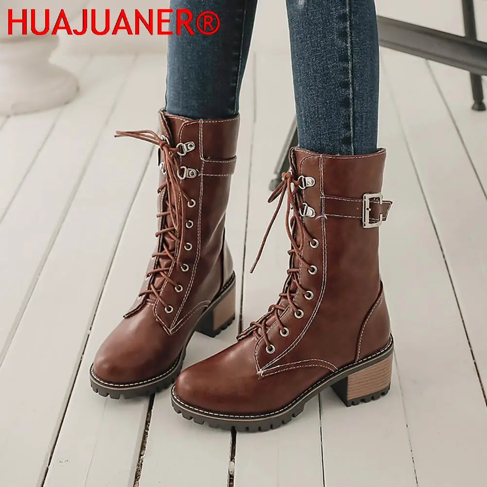 HUAJUANER 2023 Big Size 45 Autumn Winter Shoes High Quality Leather Boots Women Fashion non-slip Shoelaces Motorcycles Boots