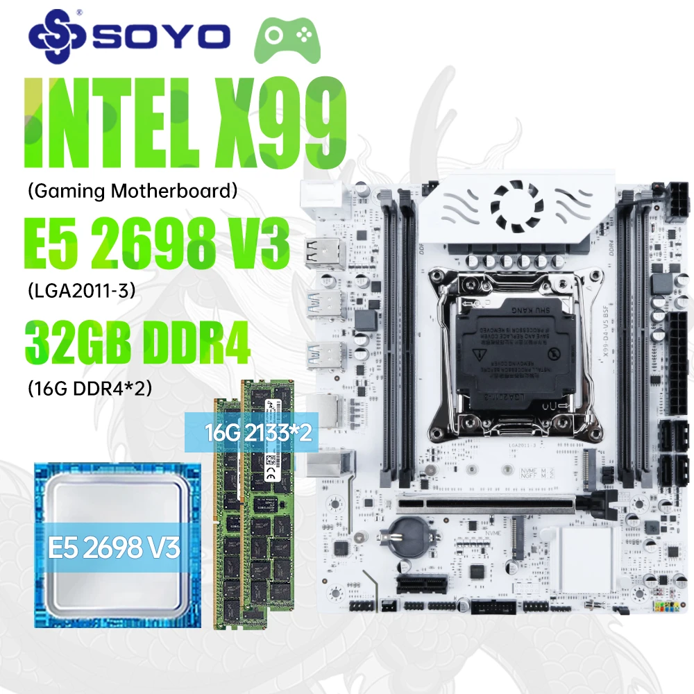 

Комплект материнской платы SOYO X99 C612 с процессором Intel LGA2011-V3 Xeon E5 2698 V3 и DDR4 32 ГБ (16 ГБ * 2) 213133 МГц ОЗУ 2 * M.2 4 * SATA3.0 TPM2.0