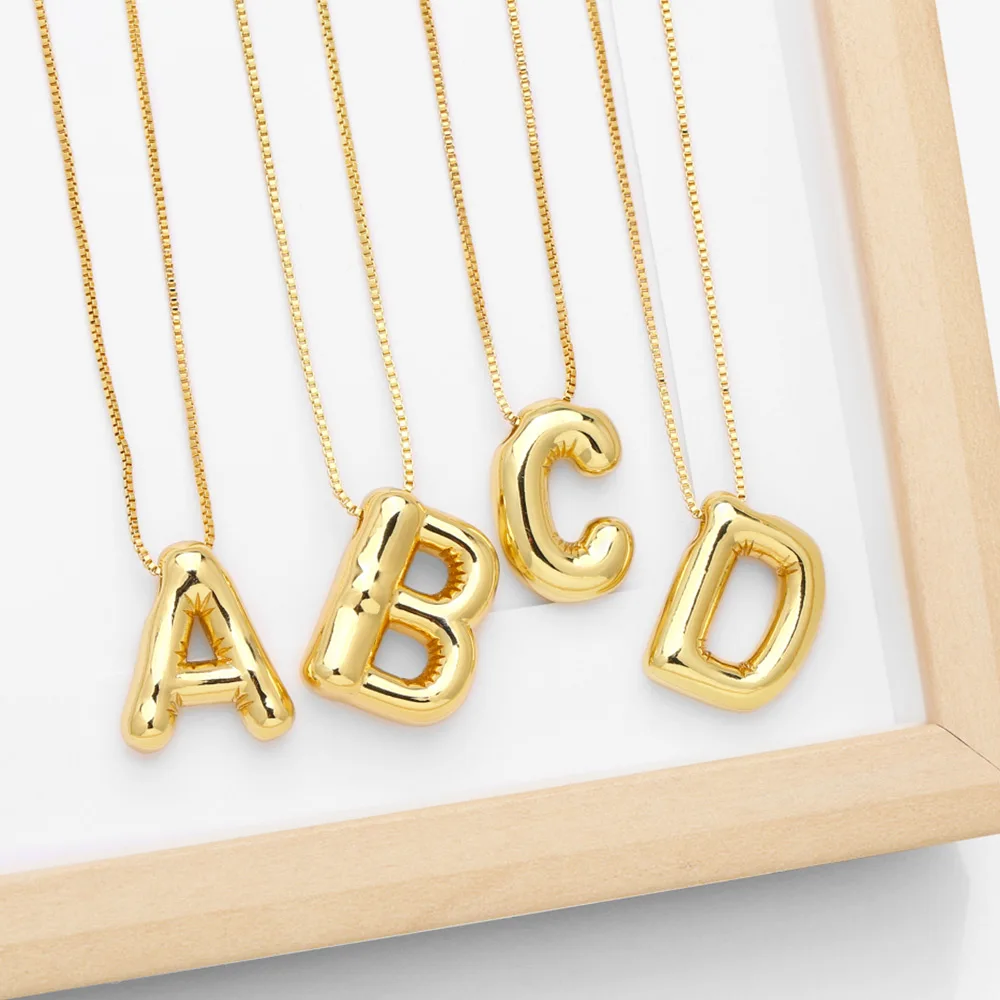 FLOLA Polish Gold Color Initial Necklace For Women Balloon 26 Letters Custom Name Pendant Nackalce Fashion Jewelry Gift nkeb797