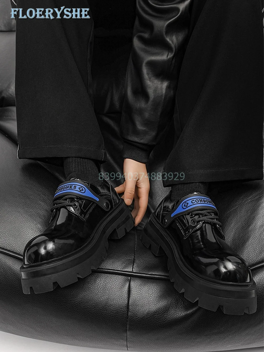 

Thick Oxfords Men Shoes Black Lace Up Mixed Color Patent Leather Low Heel Round Toe Versatile Shoes 2024 Fashion Street New