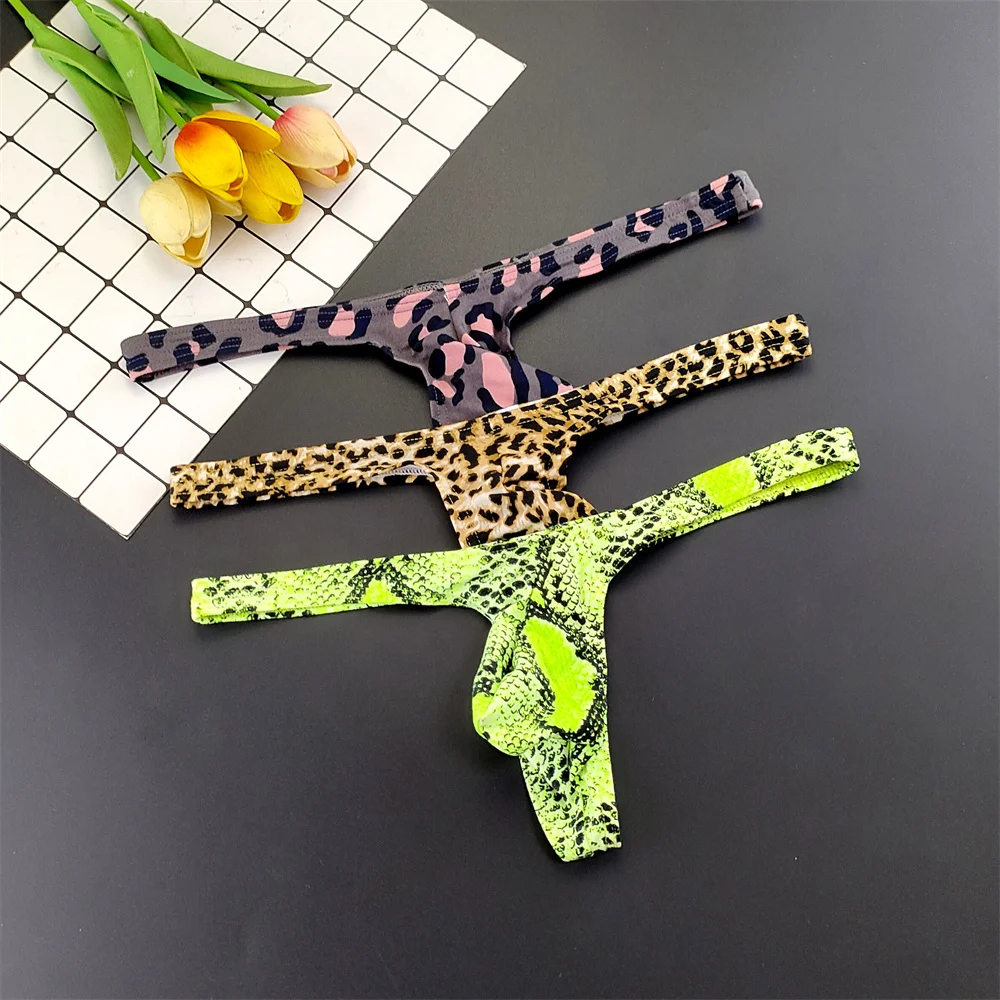 Tanga convexa en U grande con estampado de leopardo/serpiente para Hombre, ropa interior Sexy con bolsa de corneta, Tanga de talla grande para Hombre