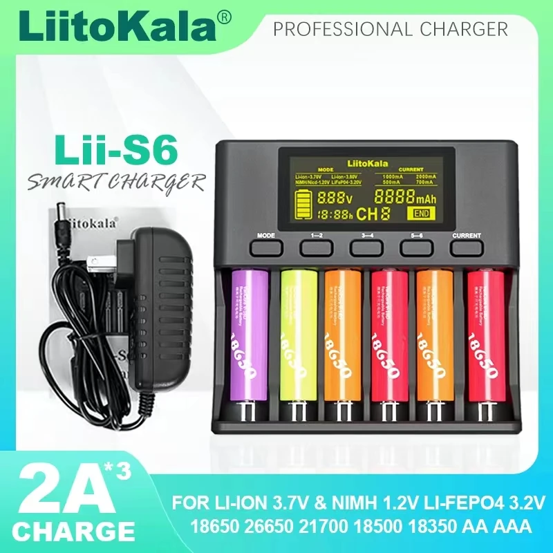 

LiitoKala Lii-S6 Lii-PD4 Lii-500S интеллектуальное зарядное устройство 18650, 6 слотов, автоматическая полярность для 26650 21700 18500 AA AAA батарей