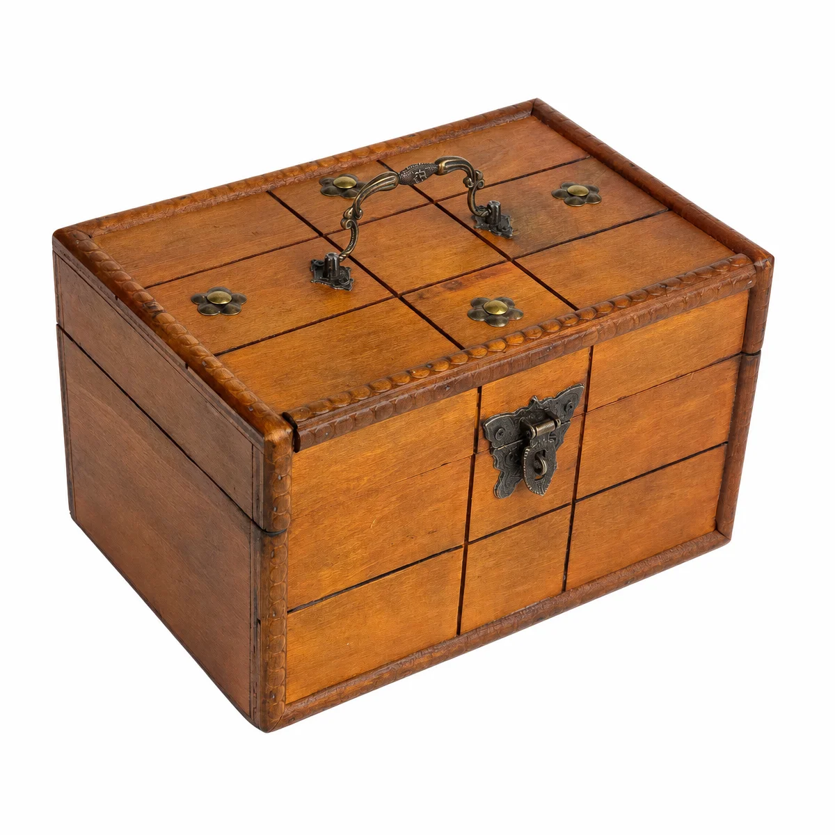 Vintage Wooden Jewelry Box With Lock, Rustic Treasure Chest Organizer for Rings Necklace Earrings, Antique Storage Case