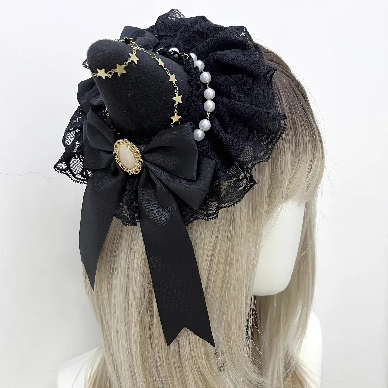 수제 고딕 마법 소녀 작은 모자 로리타 달콤한 레이스 리본 머리장식 할로윈 코스프레 만화 KC 헤어핀 마녀 모자 헤어 액세서리