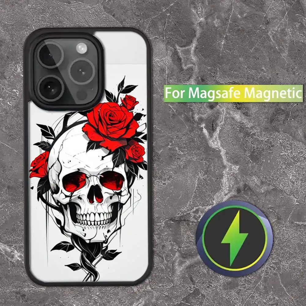 Casing Ponsel Kartun Tengkorak Bunga Untuk iPhone 17,16,15,14,13,12,11,Pro,Max,Plus,Mini,SE Magsafe Pengisian Daya Nirkabel Magnetik