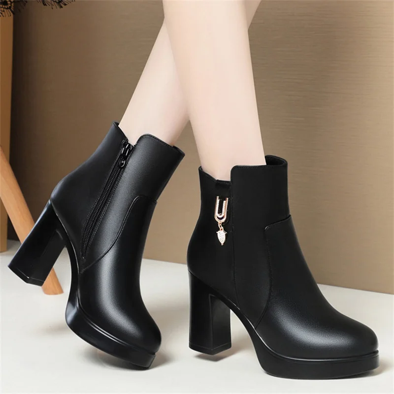 Thick heel Non-slip Plus Fleece Thick Sole Platform Shoes 2024 Winter Luxury Black Super High Heel Ankle Boots for Women