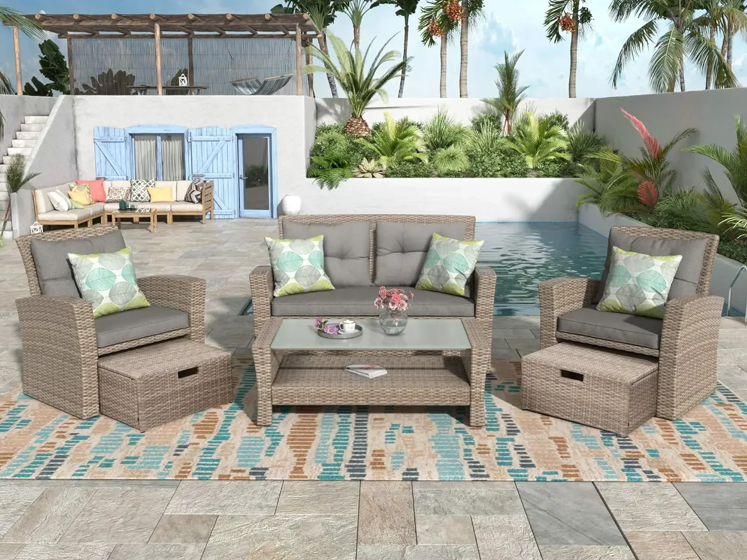 4-Piece Outdoor Patio Furniture Sets, All Weather Wicker Sectional Sofa Loveseat with Ottoman, Soft Cushions&Glass Table w/Shelf