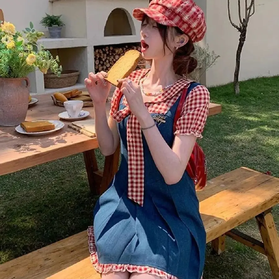 

Sweet Contrasting Color Plaid Patchwork Dress Women Summer New Style Hot Selling Niche Design Loose Slim Short Skirt