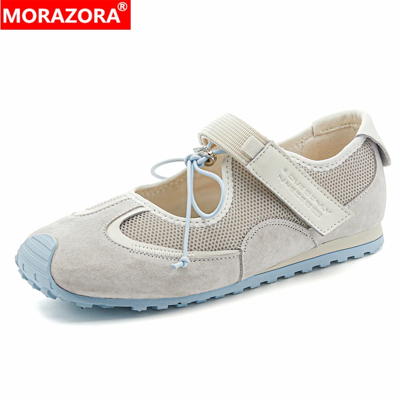 

MORAZORA 2025 New Suede Leather Mesh Women Sneakers Lace Up Square Toe Flat Sneakers Summer Casual Shoes Ladies Footwear