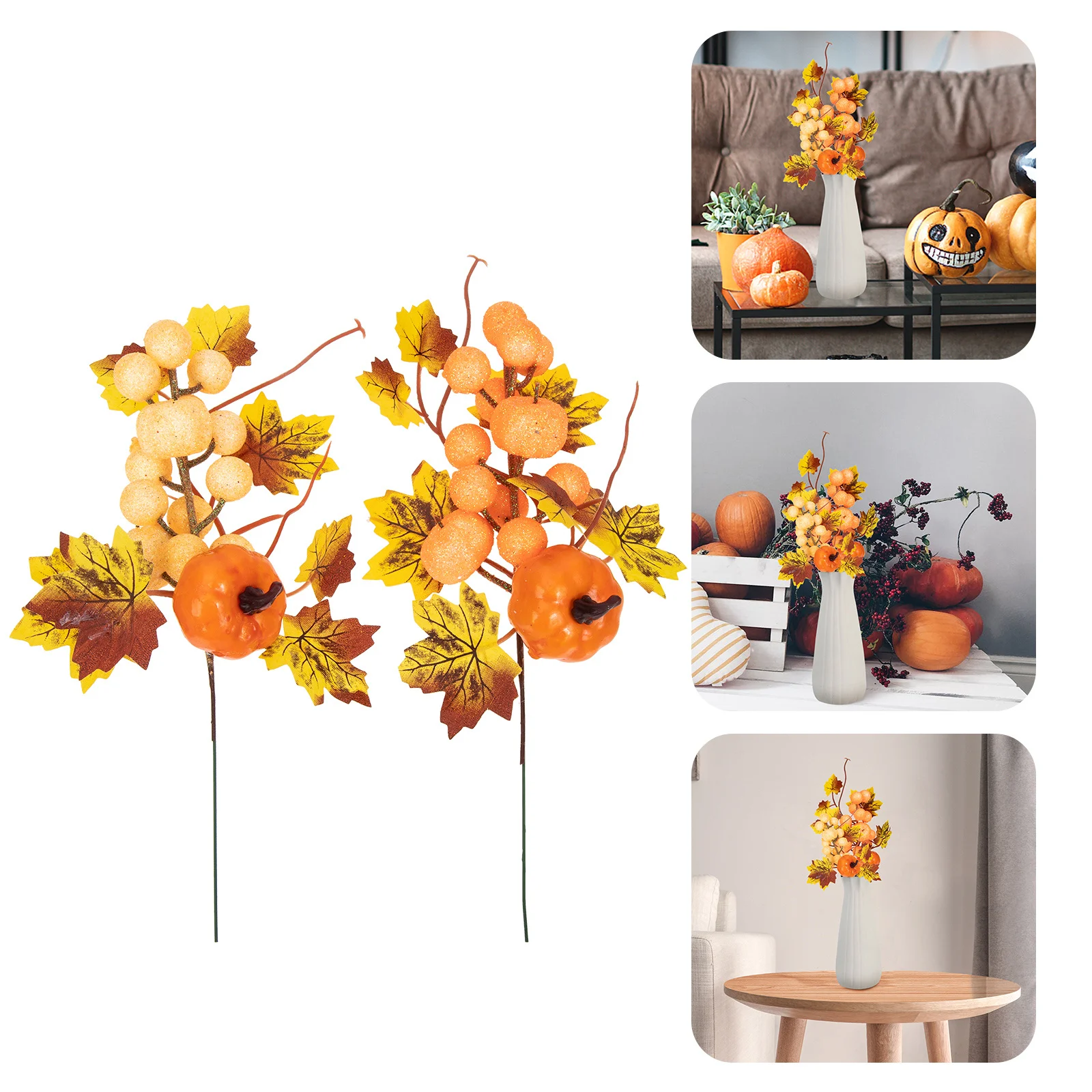 

2Pcs Real Touch Maple Leaf Pumpkin Branch Faux Fall Flowers Autumn Home Wall Window Office Bedroom Decoration Faux Fall Flowers