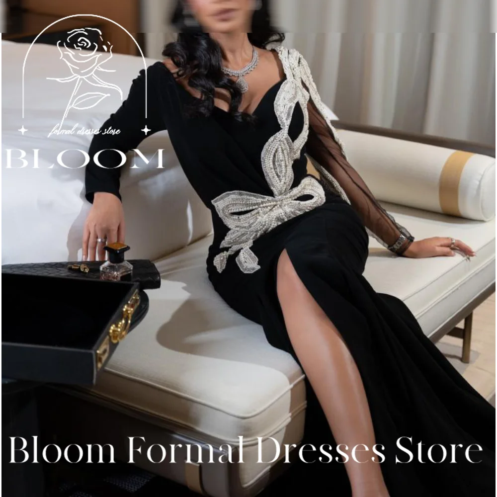 Bloom Customized Long Sleeves Contrast Color  Mermaid Sweep Train Side Silt Sequined V Neck Zipper Back Classic Celebrity Dress image 5