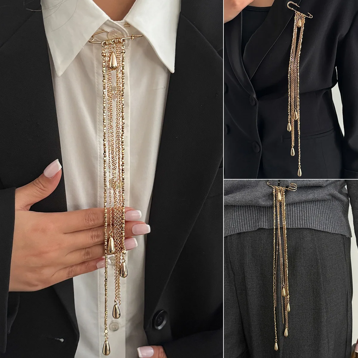 Metal Chain Tassel Brooch Personalized Minimalist Bead Pin For Women Men Gold Sliver Lapel Pin Suit Badge Clothing Accessories