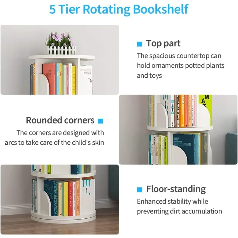 Rak buku berputar 5 tingkat, rak buku dapat ditumpuk berputar 360 °, rak display penyimpanan lantai