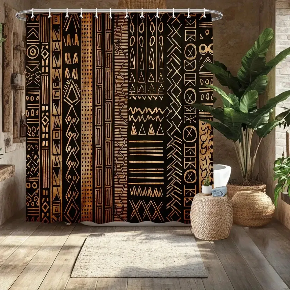 African Tribal Shower Curtain Black Gold Ethnic Art Decor Bathroom Fabric Panel with Hooks Washable Fade Resistant Modern