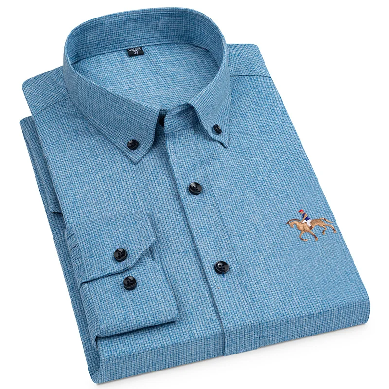Luxury Men's Social Shirts Long Sleeve Trendy Buttoned Causal Horse Embroidered Solid Comfort Soft Brazil Business Office Tops