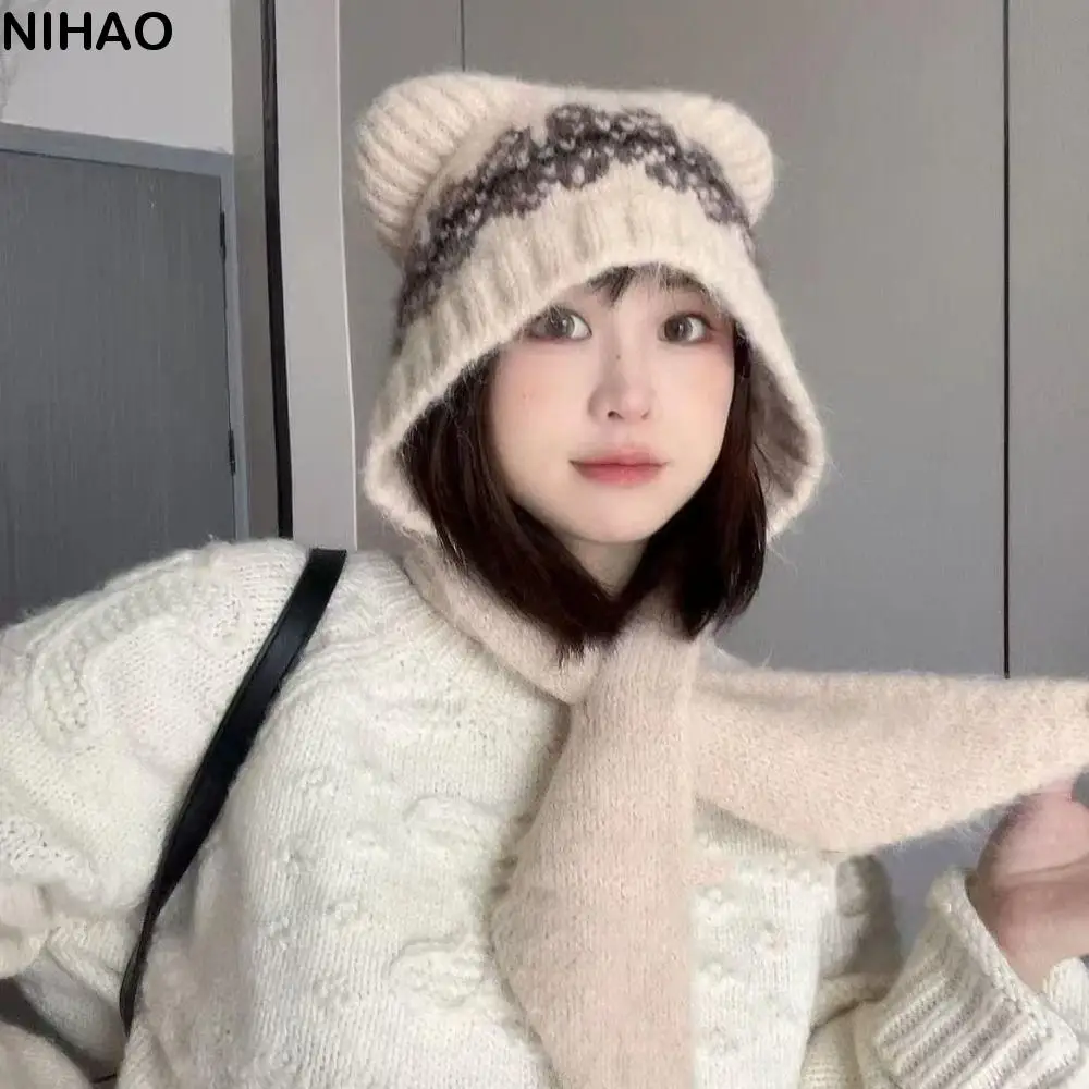 لطيف معرض جزيرة نمط الجاكار محبوك قبعة العرقية نمط مطبوعة آذان الدب بيني الكورية الدافئة محبوك قبعة طقم أربطة عنق الفتيات #1