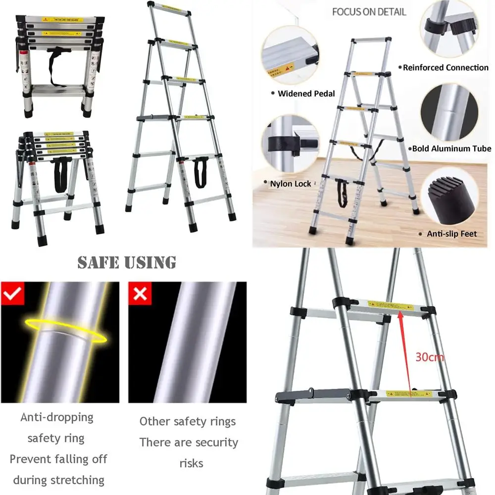 Escalera telescópica con estructura en A: 4+5 peldaños, 10,2 pies a 11,2 pies, diseño en espiga de aluminio para uso doméstico