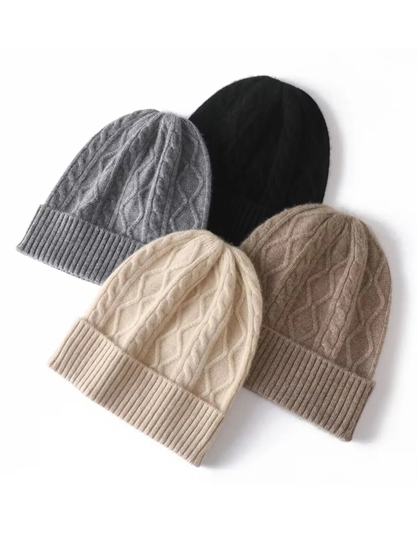 100%Cashmere Knitted Hat for Women Winter Autumn Soft Warm Rhomb Pattern Beanie Cap Solid Color Elastic Fashion Skullies Girl