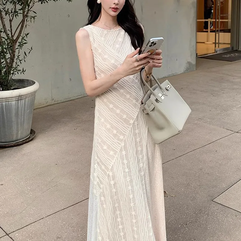 New Summer Beige Color Lace Spliced ​​sleeveless Long Dress for Women Fashion Simple Elegant Sweet Wedding Party Long Dress