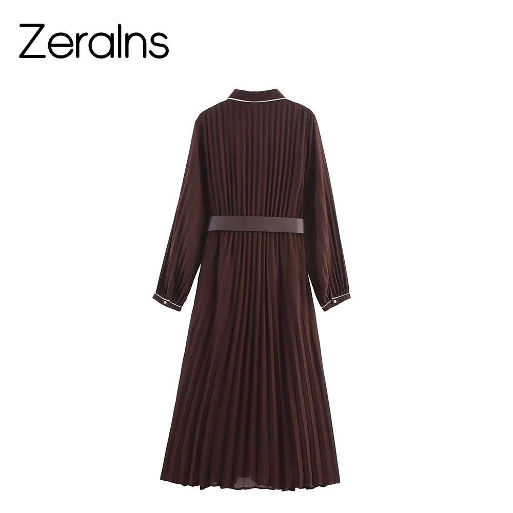 ZERAINS Autumn new women's fashion outfit with belt, contrasting color trim long sleeved pleated MIDI dress
