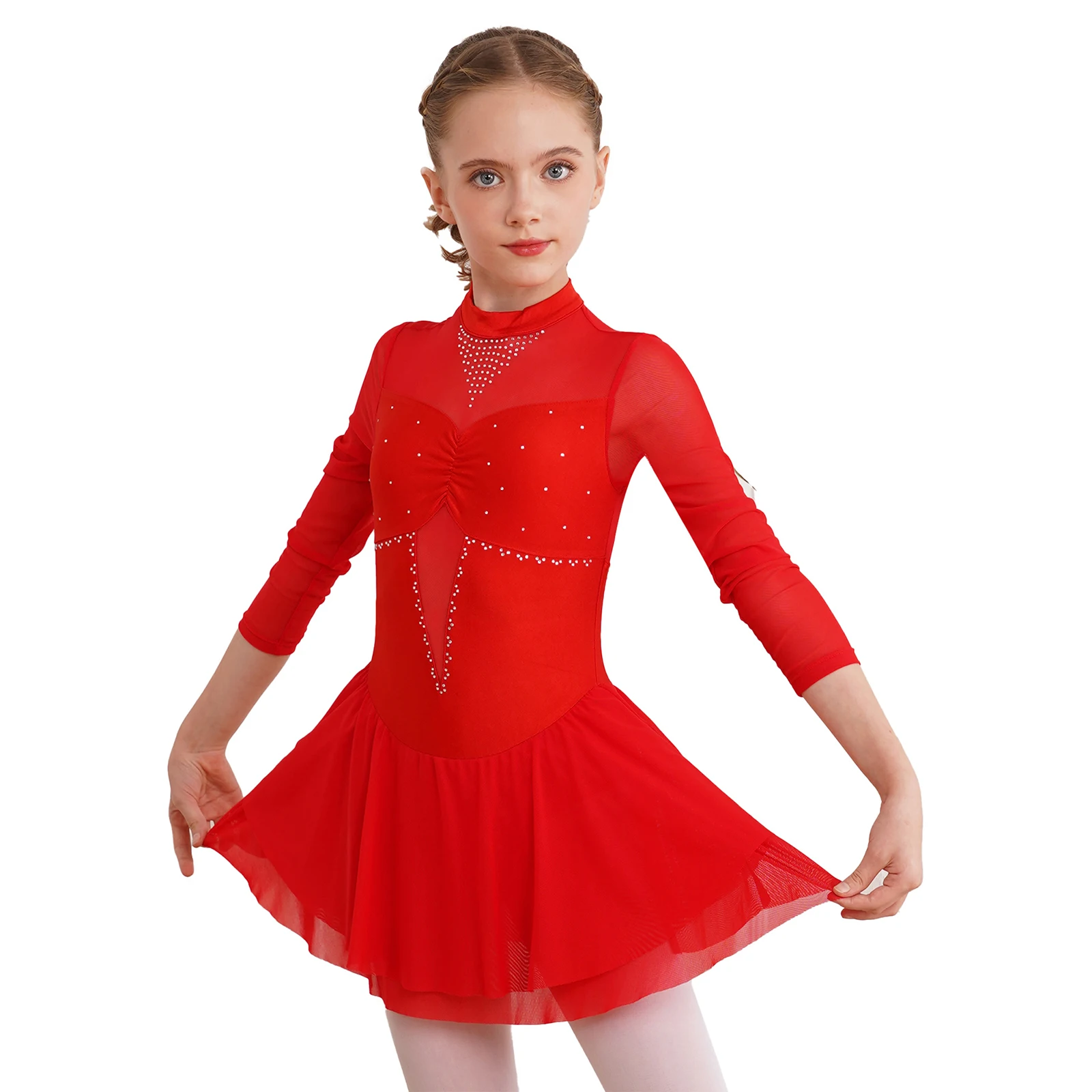 Kids Girls Ballet Tutu Dance Dress Long Sleeve Shiny Rhinestone Patchwork Figure Skating Gymnastics Leotard Ballroom Dancewear