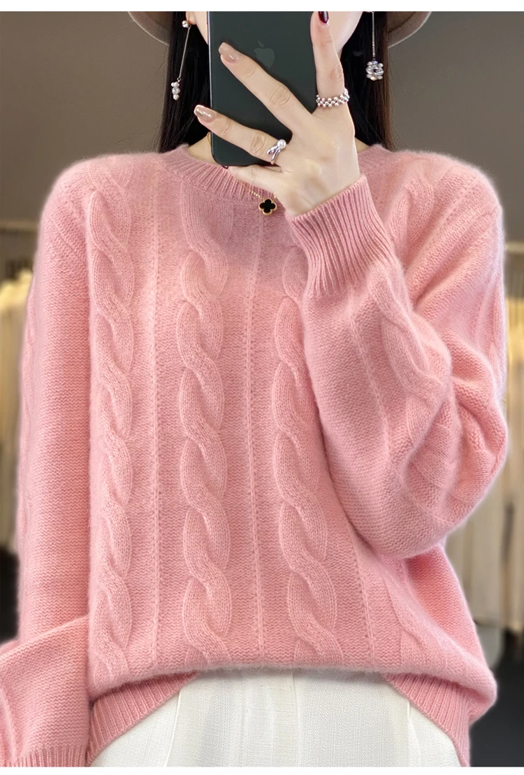 

Women's 100% Pure Cashmere Sweater, Round Neck, Twist Thick Sweater, Loose Long Sleeve, Bottoming Shirt, New, Autumn and Winter