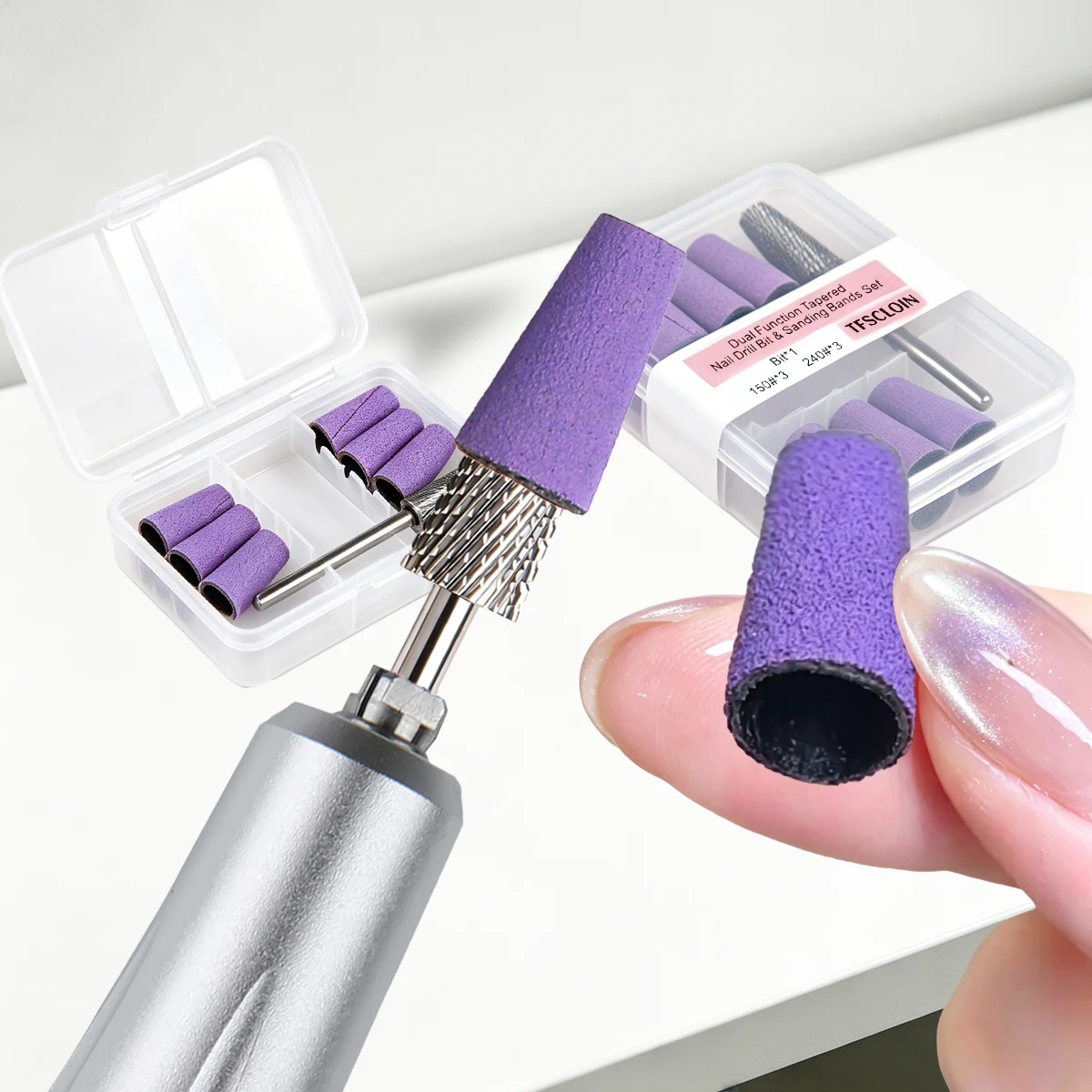 Dual Function Reversible Rotate Tapered Carbide Nail Drill Bit & Sanding Bands Set, Gel Removal & Nail Surface Filing Kit, 150# 240# Grit Sanding Sleeves, Manicure Supplies for Salon & Home Use