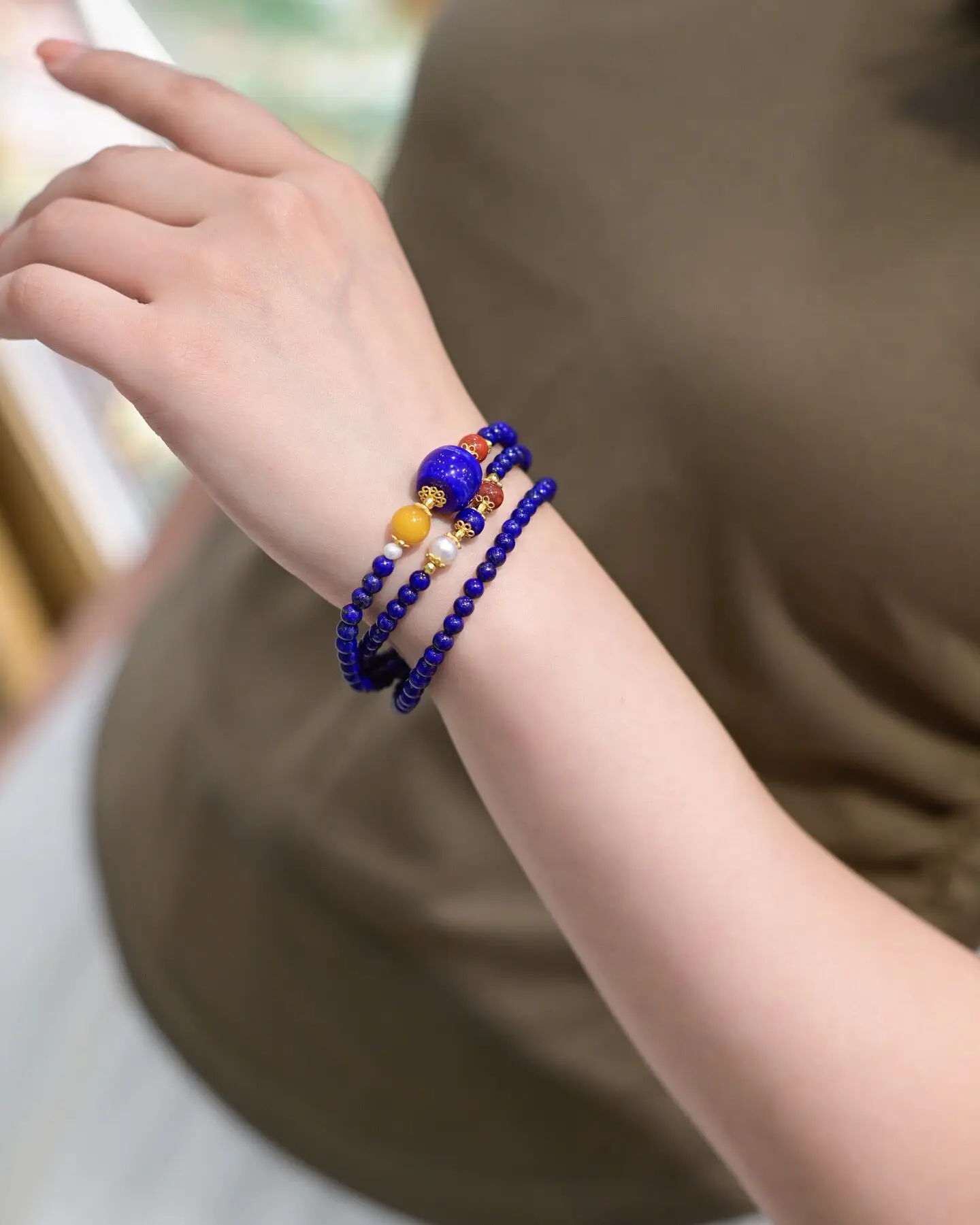 Natural Imperial Lapis Lazuli Multi Wrap Bracelet, Amber Agate Pearl Chinese Style Multi Gem Bracelet