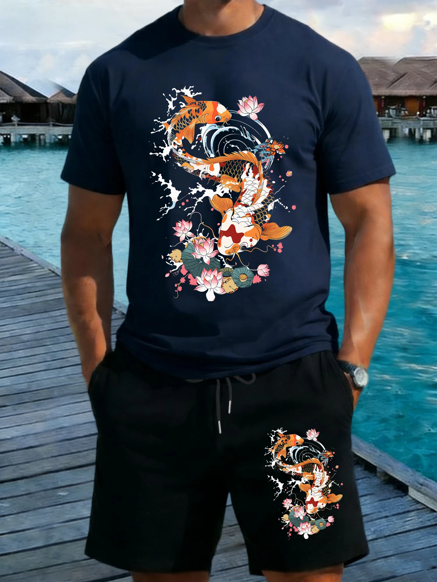 

Swimming Harajuku Koi Lotus Flowers Print Mens T Shirts Suits Cotton Loose T-Shirt Summer Pocket Black Pant Wide-Leg Short Pants